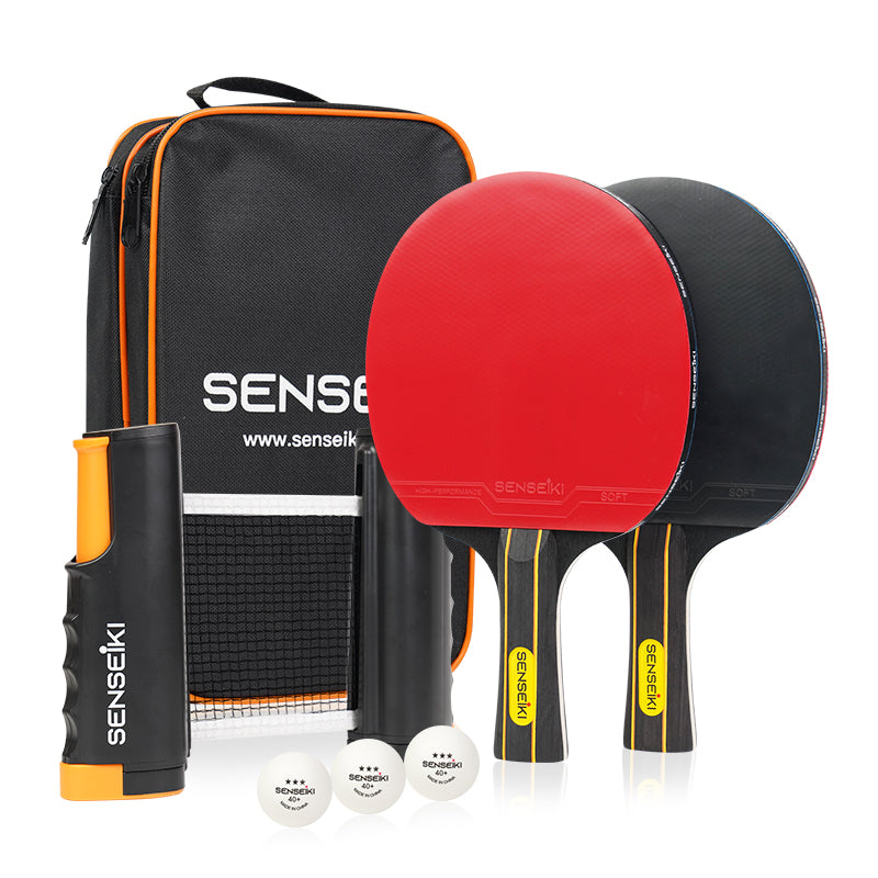 All-In-One Portable Ping Pong Set with 2 paddles, 3 balls, a net.